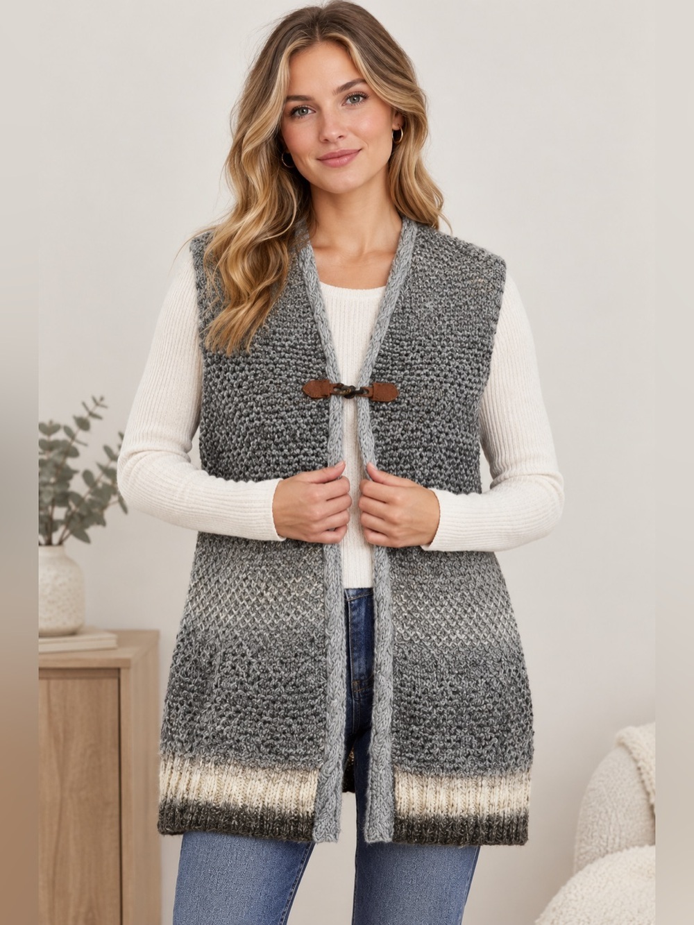 Simply Noelle S/M Textured Knit Sweater Vest Taupe Gray Leather Toggle Boho